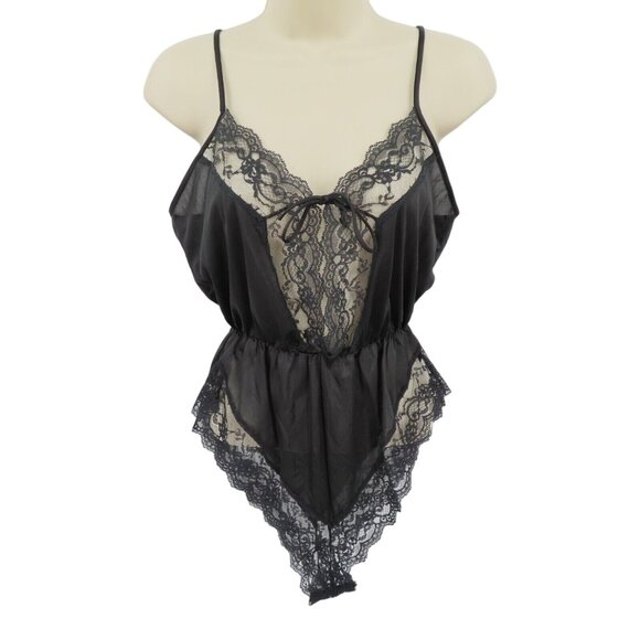 Ms Leslee Other - VTG Ms Leslee Small Black Lace Trim Spaghetti Strap Front Tie Playsuit One Piece